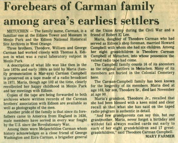 newspaper article - Campbell and Carman early settlers