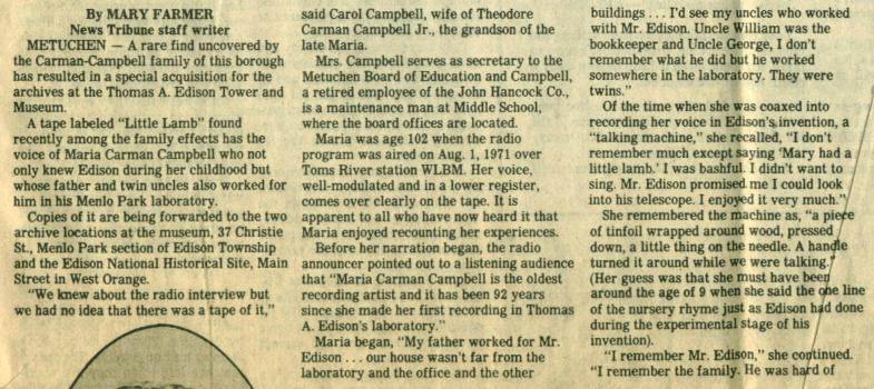 Maria Carman Campbell's recollections